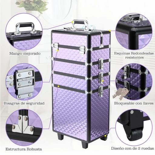 Maletín de Maquillaje Profesional con Ruedas Universales Distintos Niveles Asa Extensible Maletín Maquillaje Trolley Aleación de Aluminio 33.5x23x76/95.5 cm Violeta [4]