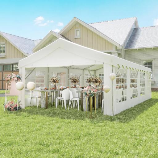 Carpa de Jardín 8x4 m Pérgola Cenador Pabellón Cochera Gazebo con 4 Paneles Laterales y 8 Ventanas para Fiestas Blanco