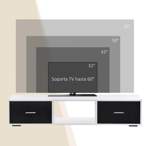 Mueble de TV para Televisores de hasta 60" Mesa para TV de Salón Estilo Moderno con 2 Cajones y Compartimento Abierto 140x30x32 cm Blanco y Negro [3]