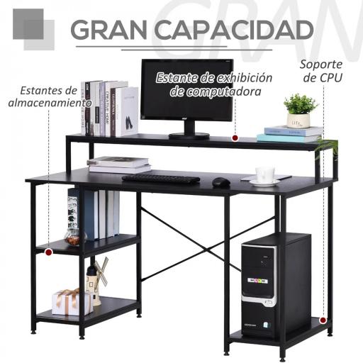 Mesa para Computadora Escritorio de Oficina Estudio con 3 Estantes Tabla Superior Patas con Almohadillas Ajustables Antideslizantes Marco Metálico 140x60x93 cm Negro [2]
