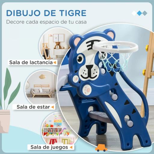 Tobogán para Niños de 18 a 36 Meses con 2 Escaleras 1 Canasta de Baloncesto y Patrón de Tigre 133x60x70 cm Azul y Gris [2]