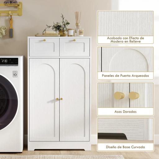 Armario de Baño Estrecho con 2 Cajones Estante Abierto y Puerta con Panel Arqueado 60x30x108 cm Blanco Veteado [5]