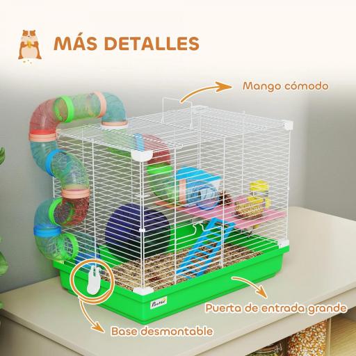 Jaula para Hámster con Túnel Cuenco Bebedero Casita Rampa Rueda de Ejercicio Bandeja Extraíble 46x30x37 cm Verde [8]