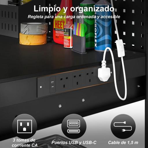 Banco de Trabajo Carga 272 kg 110x60x150 cm con Tableros Perforados Metálicos Toma de Corriente Luces LED Cajones Negro [5]