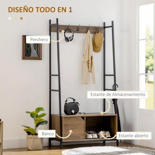 Perchero con Zapatero y Banco Mueble Recibidor con 5 Ganchos para Pasillo Entrada 84x40x169 cm Marrón Rústico [2]