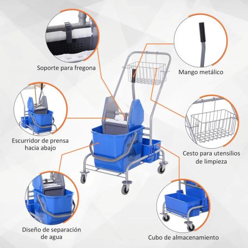 Carro de Limpieza Profesional con Cubo de Fregado Extraíble de 25 Litros y Escurridor de Prensa 72x49,5x95 cm Azul [3]