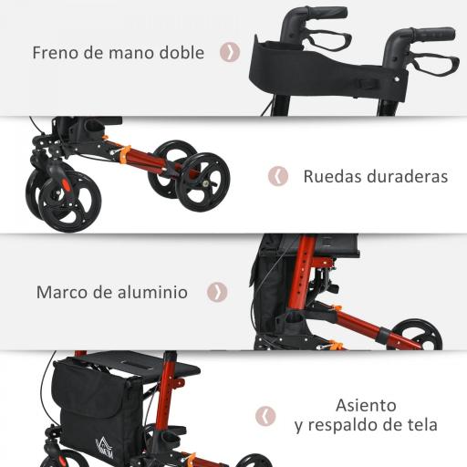 Andador para Ancianos Plegable de Aluminio con Asiento 4 Ruedas Altura Ajustable Frenos de Maneta Rojo y Negro [3]