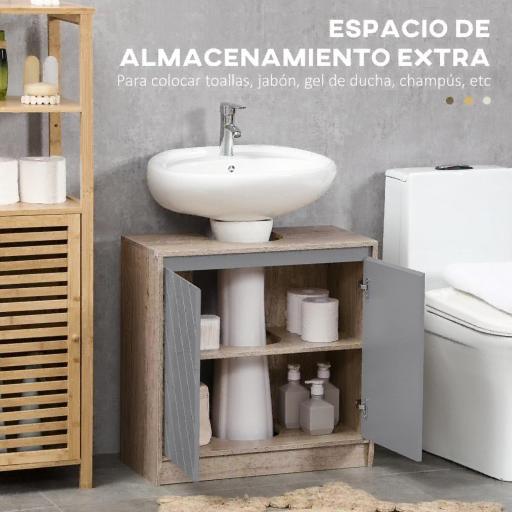 Mueble para Debajo del Lavabo Armario de Baño de Suelo con Puerta Doble y Estante Ajustable 60x30x59,8 cm Roble y Gris [3]