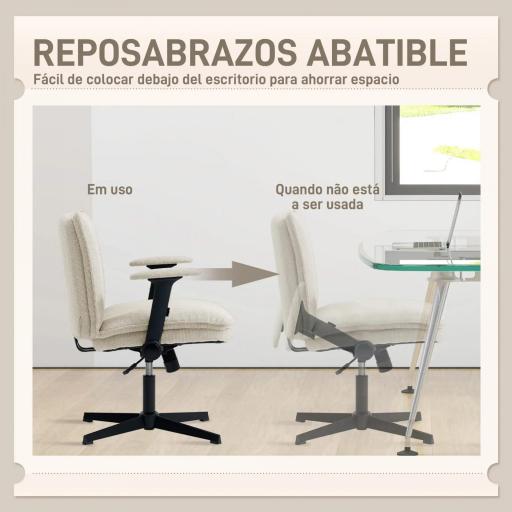 Silla de Oficina Piernas Cruzadas con Reposabrazos Abatible Asiento Ancho sin Ruedas Altura Ajustable Giratoria Crema [4]