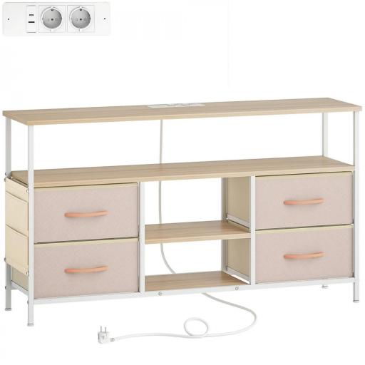 Mueble de TV con Luz LED y Enchufes Puertos USB Estantes Abiertos 4 Cajones plegables 120x30x67,5 cm Beige y Blanco [10]