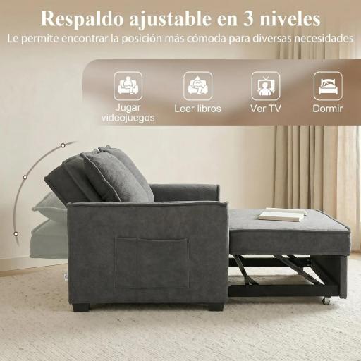 Sofá Cama 2 Plazas 3 en 1 con Respaldo Ajustable Bolsillos Laterales 2 Almohadas para Sala de Estar Gris Oscuro [6]