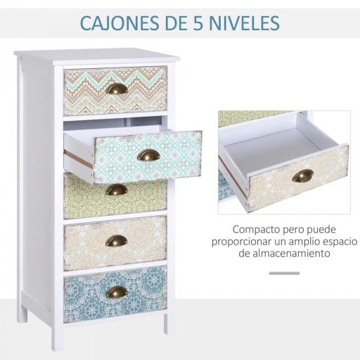 Sifonier con 5 Cajones con Frontales Estampados y Tiradores Vintage Mueble Cajonera para Salón 46x34x97,5 cm Multicolor [2]