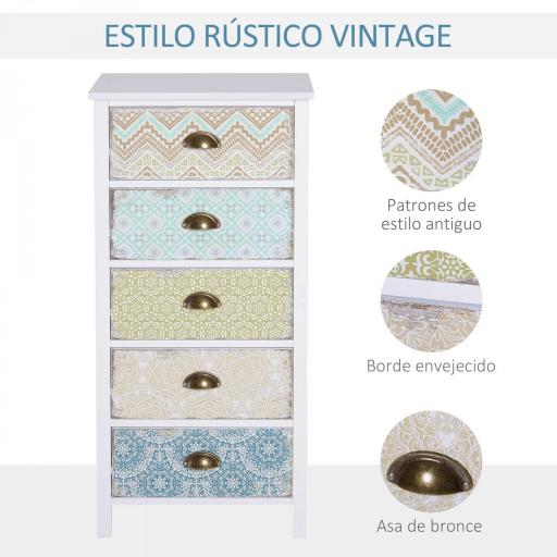 Sifonier con 5 Cajones con Frontales Estampados y Tiradores Vintage Mueble Cajonera para Salón 46x34x97,5 cm Multicolor [3]