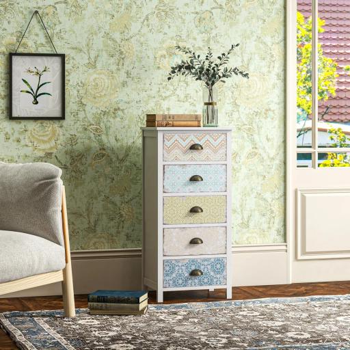 Sifonier con 5 Cajones con Frontales Estampados y Tiradores Vintage Mueble Cajonera para Salón 46x34x97,5 cm Multicolor [4]