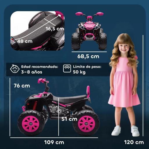 Quad Eléctrico para Niños de 3-8 Años 24V con 2 Motores Velocidad hasta 6,5 km/h Ruedas con Suspensión Rosa [6]