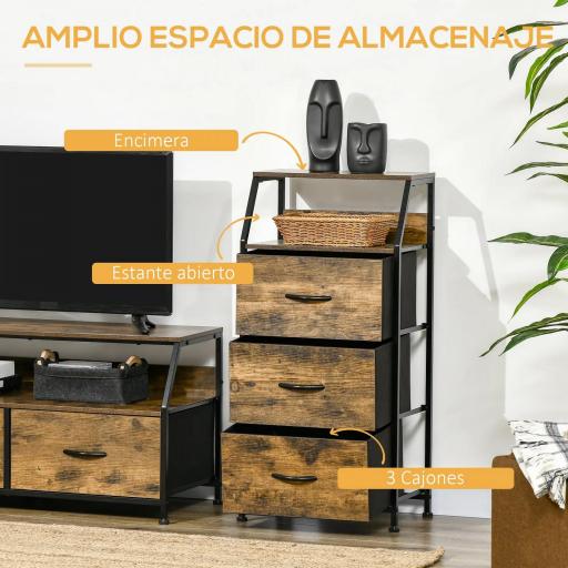 Cajonera con 3 Cajones de Tela Plegable y Estante Abierto Sifonier para Salón Oficina 44x29x92 cm Marrón Rústico [4]