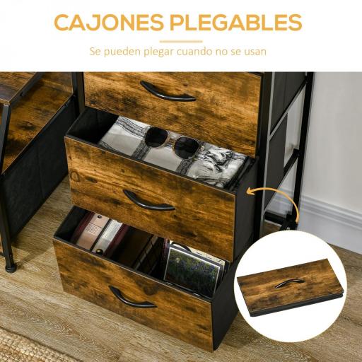 Cajonera con 3 Cajones de Tela Plegable y Estante Abierto Sifonier para Salón Oficina 44x29x92 cm Marrón Rústico [5]