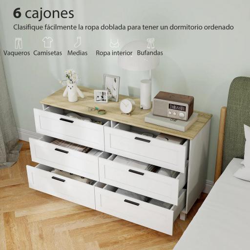 Cómoda Dormitorio con 6 Cajones Patas de Madera para Salón Oficina 120x38x71 cm Blanco [3]