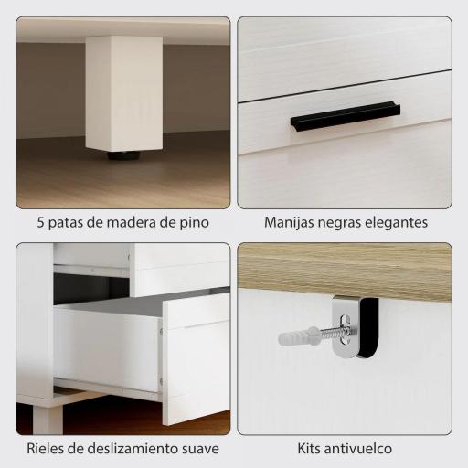 Cómoda Dormitorio con 6 Cajones Patas de Madera para Salón Oficina 120x38x71 cm Blanco [9]