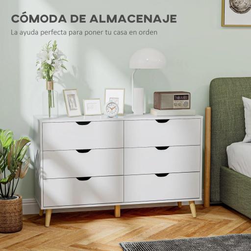 Cómoda con 6 Cajones Cajonera para Dormitorio Salón Estudio Estilo Moderno 120x40x76 cm Blanco [2]