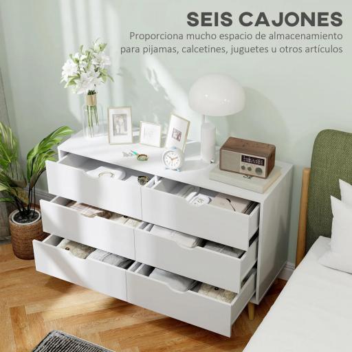 Cómoda con 6 Cajones Cajonera para Dormitorio Salón Estudio Estilo Moderno 120x40x76 cm Blanco [3]