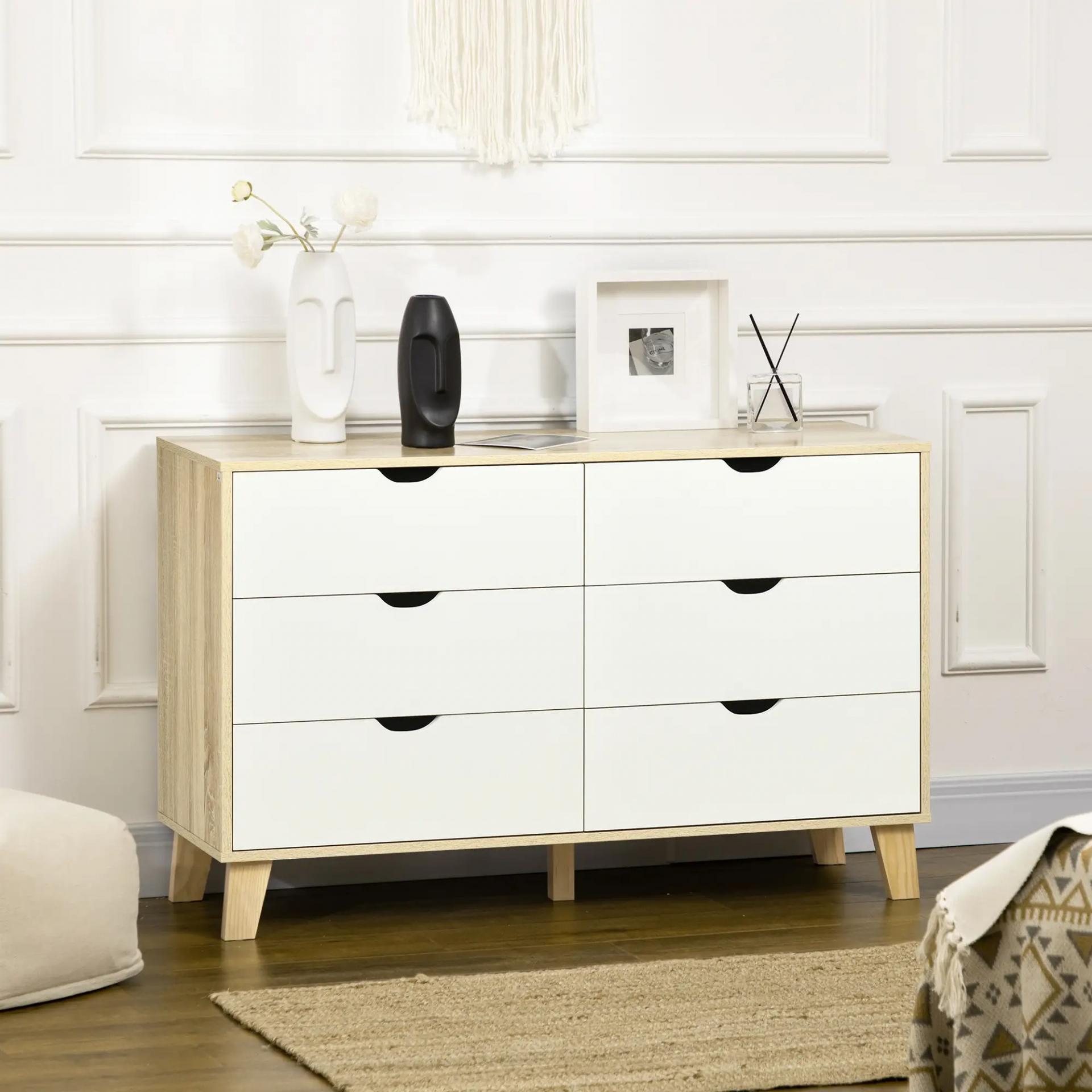 Cómoda con 6 Cajones Cajonera para Dormitorio Salón Estudio Estilo Moderno 120x40x76 cm Natural y Blanco