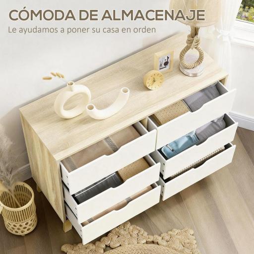 Cómoda con 6 Cajones Cajonera para Dormitorio Salón Estudio Estilo Moderno 120x40x76 cm Natural y Blanco [3]