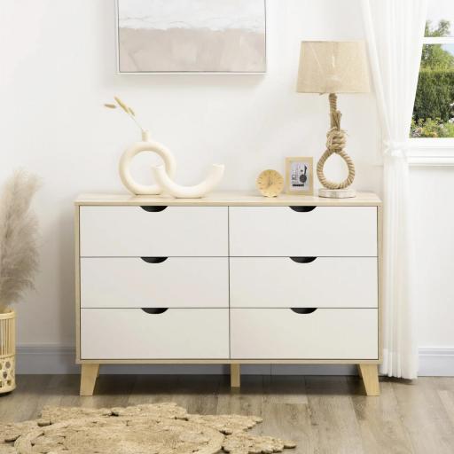 Cómoda con 6 Cajones Cajonera para Dormitorio Salón Estudio Estilo Moderno 120x40x76 cm Natural y Blanco [2]