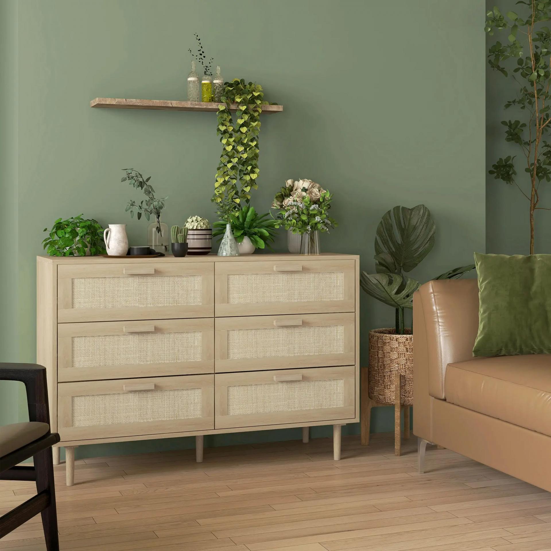 Cómoda para Dormitorio con 6 Cajones con Frontal de Ratán Patas de Madera Cajonera Estilo Bohemio 110x40x75 cm Roble