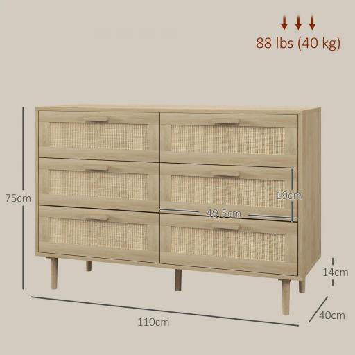 Cómoda para Dormitorio con 6 Cajones con Frontal de Ratán Patas de Madera Cajonera Estilo Bohemio 110x40x75 cm Roble [1]