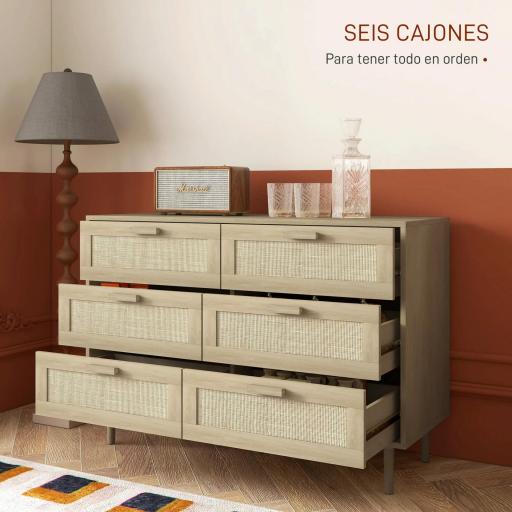 Cómoda para Dormitorio con 6 Cajones con Frontal de Ratán Patas de Madera Cajonera Estilo Bohemio 110x40x75 cm Roble [7]