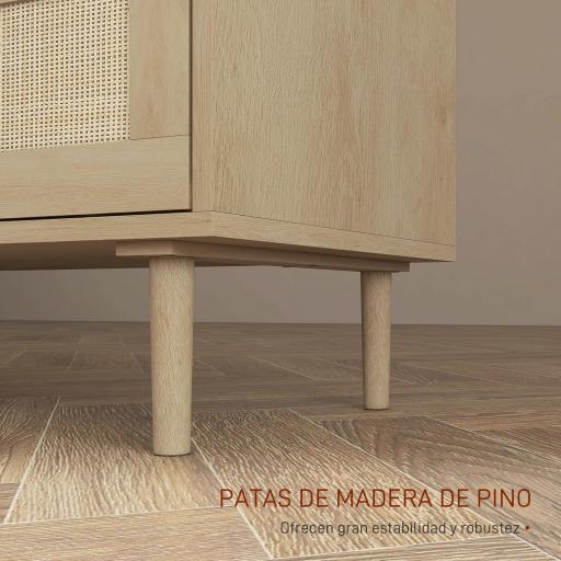 Cómoda para Dormitorio con 6 Cajones con Frontal de Ratán Patas de Madera Cajonera Estilo Bohemio 110x40x75 cm Roble [2]