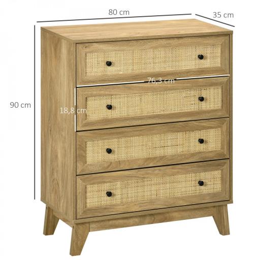 Cómoda con 4 Cajones Cajonera de Madera con Frontales de Ratán Estilo Cannage para Dormitorio 80x35x95 cm Natural [1]