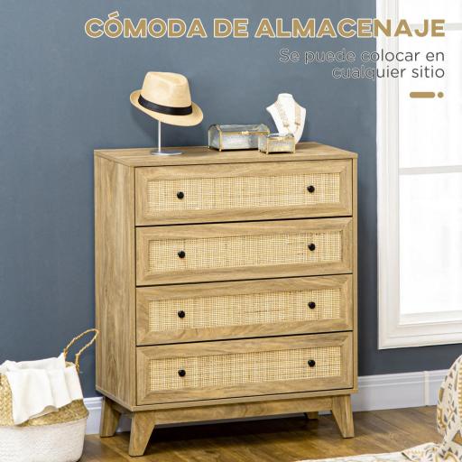Cómoda con 4 Cajones Cajonera de Madera con Frontales de Ratán Estilo Cannage para Dormitorio 80x35x95 cm Natural [5]