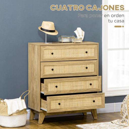 Cómoda con 4 Cajones Cajonera de Madera con Frontales de Ratán Estilo Cannage para Dormitorio 80x35x95 cm Natural [2]
