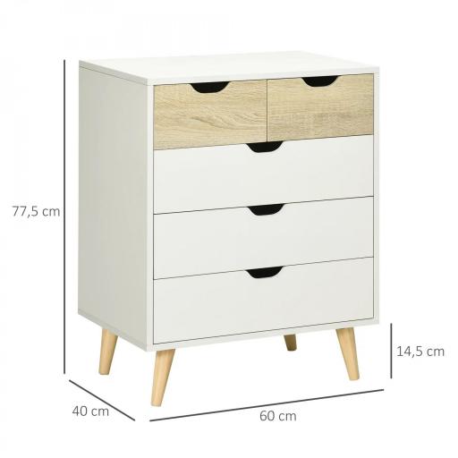 Cómoda con 5 Cajones Cajonera para Dormitorio Salón Estudio Estilo Moderno 60x40x77,5 cm Natural y Blanco [1]