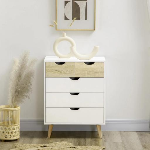 Cómoda con 5 Cajones Cajonera para Dormitorio Salón Estudio Estilo Moderno 60x40x77,5 cm Natural y Blanco [3]