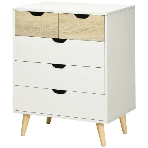 Cómoda con 5 Cajones Cajonera para Dormitorio Salón Estudio Estilo Moderno 60x40x77,5 cm Natural y Blanco [9]