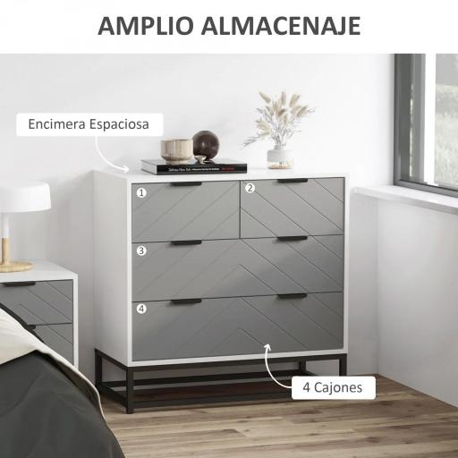 Cómoda de Noche Moderno Cajonera con 4 Cajones y Base Elevada para Dormitorio Salón 80x40x79 cm Blanco y Gris [4]