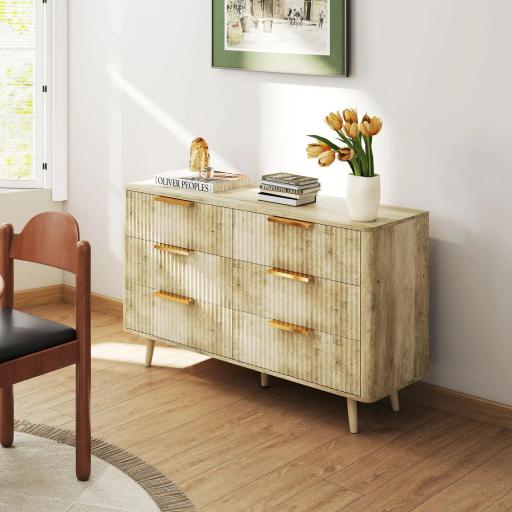 Cómoda de 6 Cajones con Diseño Estriado y Cajonera para Salón Pasillo 62x35x105 cm Roble [4]