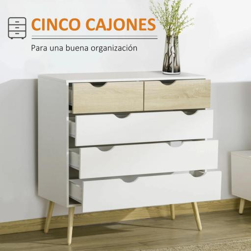 Cómoda para Dormitorio con 5 Cajones Patas Elevadas de Madera para Salón Oficina 99x39x101 cm Blanco y Roble [2]