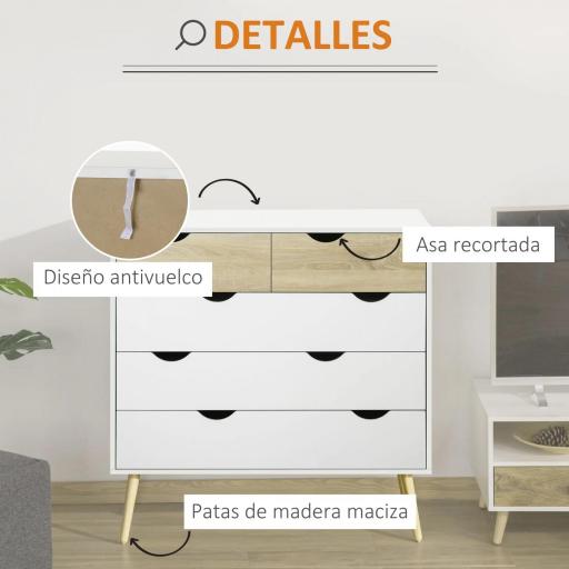 Cómoda para Dormitorio con 5 Cajones Patas Elevadas de Madera para Salón Oficina 99x39x101 cm Blanco y Roble [3]