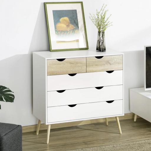 Cómoda para Dormitorio con 5 Cajones Patas Elevadas de Madera para Salón Oficina 99x39x101 cm Blanco y Roble [4]