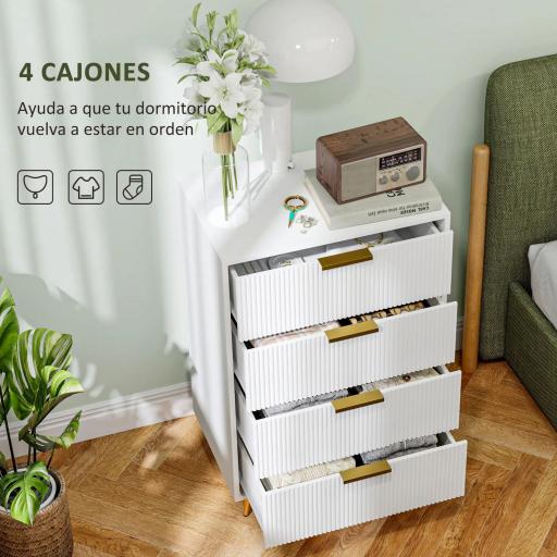 Cómoda de Dormitorio Moderno con 4 Cajones Frentes con Diseño Ondulado Anti-vuelco 60x40x90 cm Blanco [3]