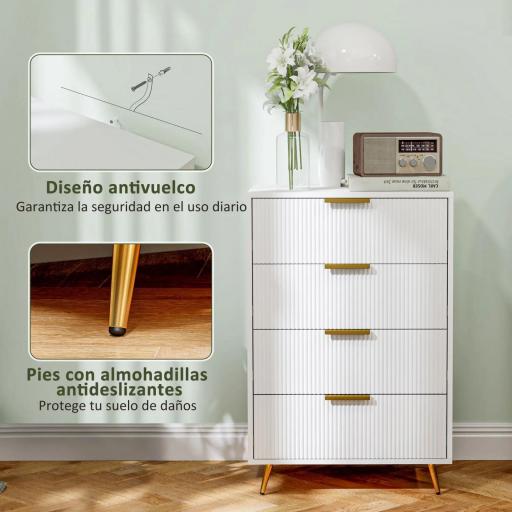 Cómoda de Dormitorio Moderno con 4 Cajones Frentes con Diseño Ondulado Anti-vuelco 60x40x90 cm Blanco [2]