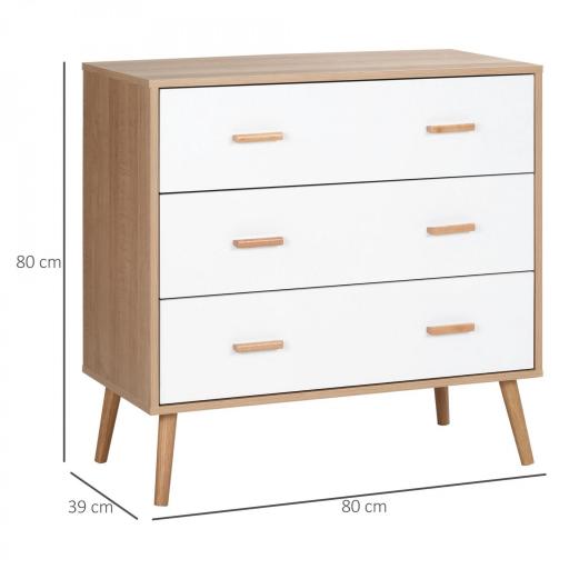 Cómoda de Madera con 3 Cajones Cajonera Armario Auxiliar de Almacenamiento Moderna con Patas Elevadas para Dormitorio Salón 80x39x80 cm Blanco y Natural [1]