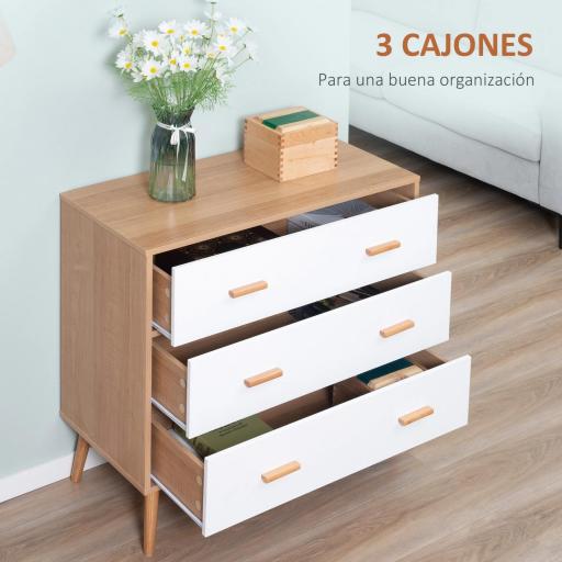 Cómoda de Madera con 3 Cajones Cajonera Armario Auxiliar de Almacenamiento Moderna con Patas Elevadas para Dormitorio Salón 80x39x80 cm Blanco y Natural [2]