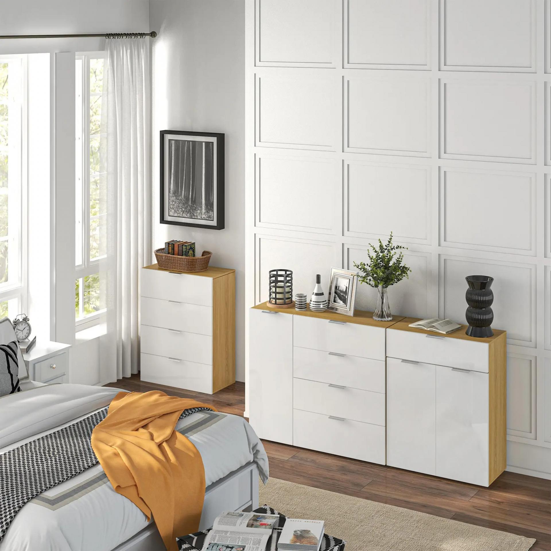 Cómoda con 4 Cajones de Alto Brillo Cajonera de Madera para Dormitorio Salón Oficina 70x35x92 cm Blanco y Natural