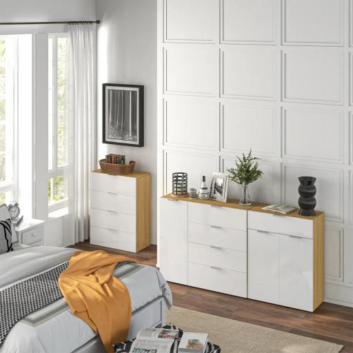 Cómoda con 4 Cajones de Alto Brillo Cajonera de Madera para Dormitorio Salón Oficina 70x35x92 cm Blanco y Natural