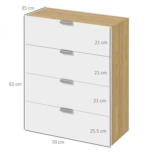 Cómoda con 4 Cajones de Alto Brillo Cajonera de Madera para Dormitorio Salón Oficina 70x35x92 cm Blanco y Natural [1]